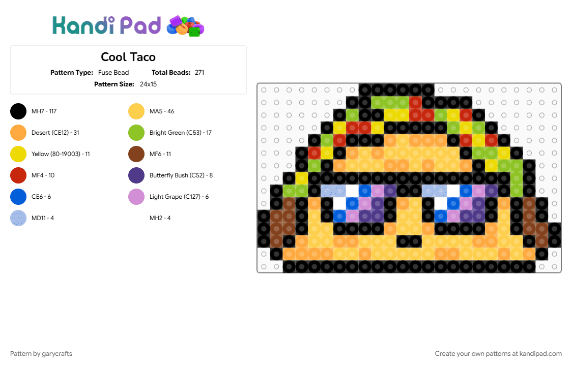 Cool Taco (2.6mm beads) - Fuse Bead Pattern by garycrafts on Kandi Pad - black, green, orange, yellow
