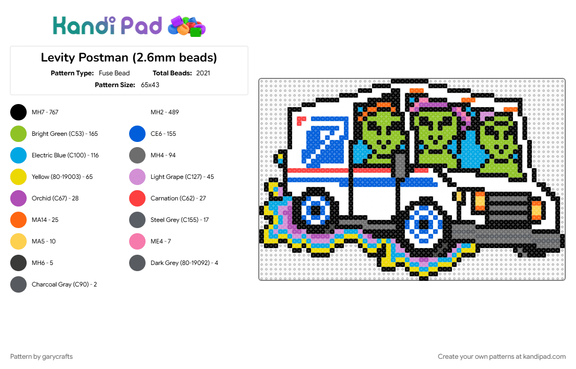 Levity Postman (2.6mm beads) - Fuse Bead Pattern by garycrafts on Kandi Pad - blue, colorful, green, light blue, white