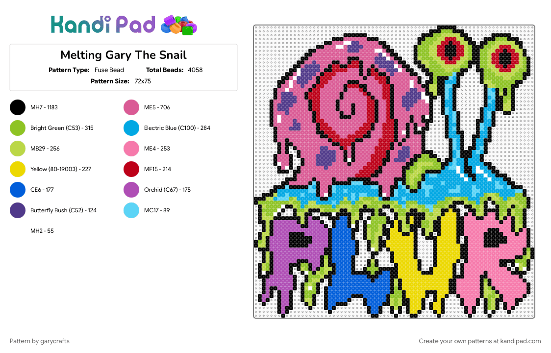 Melting Gary The Snail - Fuse Bead Pattern by garycrafts on Kandi Pad - character, gary the snail, green, light blue, pink