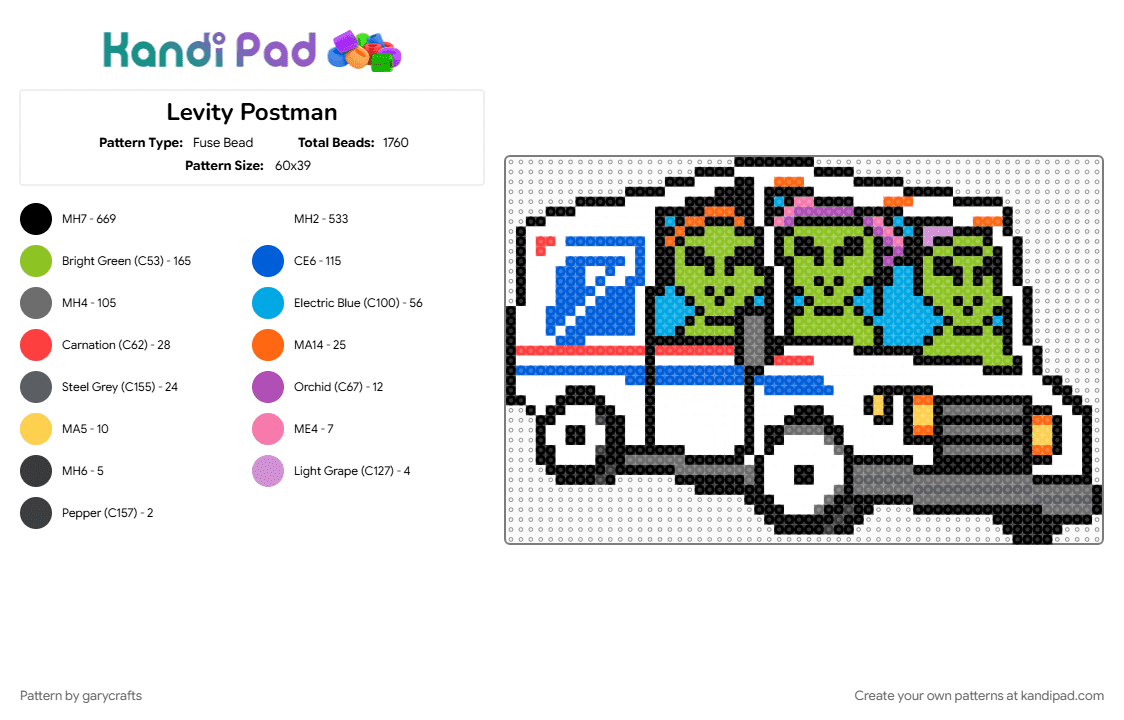 Levity Postman - Fuse Bead Pattern by garycrafts on Kandi Pad - blue, gray, green, white