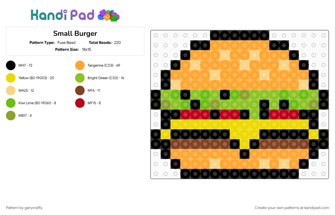 Small Burger (2.6mm beads) - Fuse Bead Pattern by garycrafts on Kandi Pad - green, orange, yellow