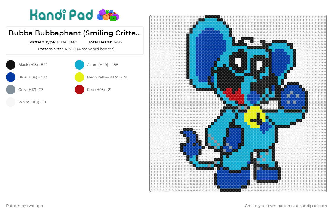 Bubba Bubbaphant (Smiling Critters) 58x58 simplified - Fuse Bead Pattern by rwolupo on Kandi Pad - bubba bubbaphant,smiling critters,poppy playtime,cartoon,character,happy,video game,blue