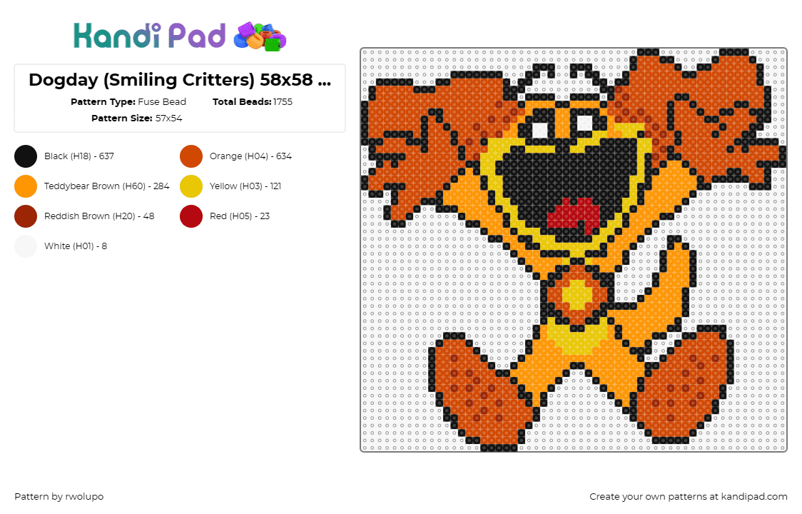 Dogday (Smiling Critters) 58x58 simplified - Fuse Bead Pattern by rwolupo on Kandi Pad - dogday,smiling critters,poppy playtime,cartoon,character,happy,video game,orange