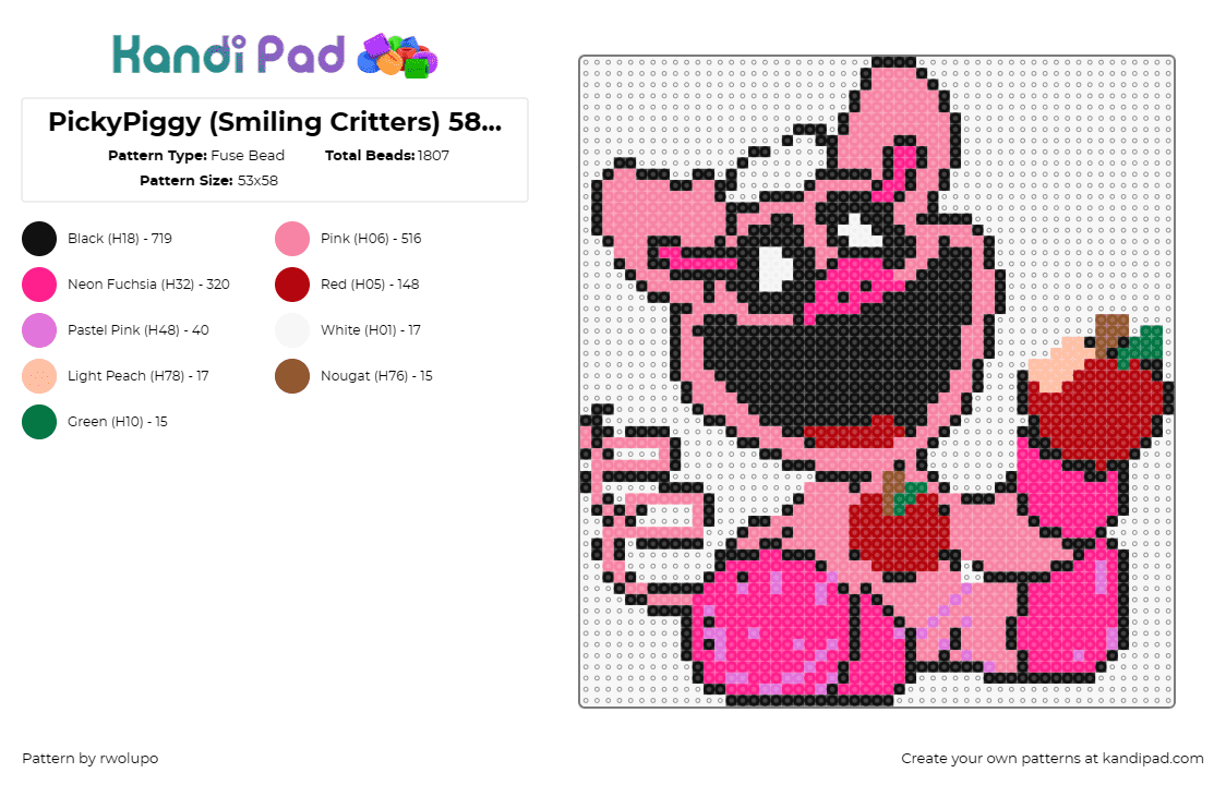 PickyPiggy (Smiling Critters) 58x58 simplified - Fuse Bead Pattern by rwolupo on Kandi Pad - pickypiggy,smiling critters,poppy playtime,apple,video game,happy,character,smil