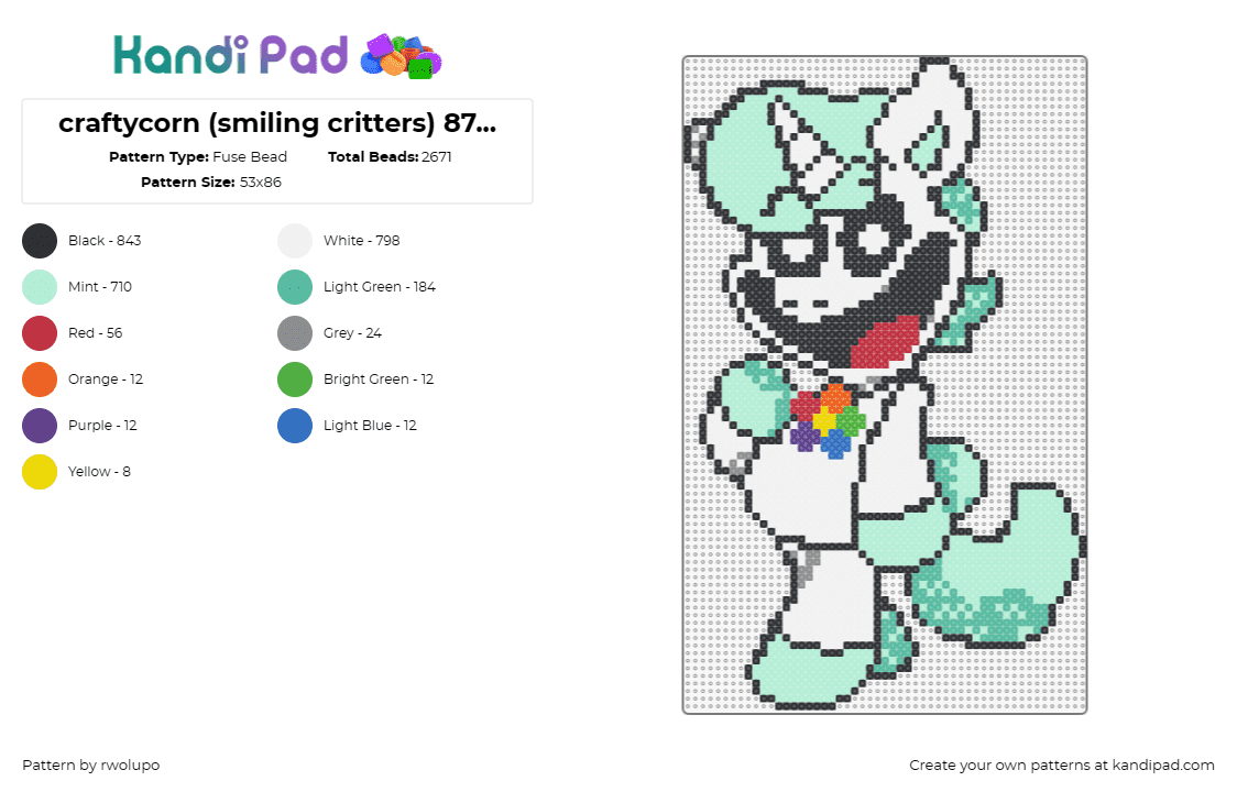 craftycorn (smiling critters) 87x87 simplified - Fuse Bead Pattern by rwolupo on Kandi Pad - craftycorn,smiling critters,poppy playtime,video game,character,teal,green,white