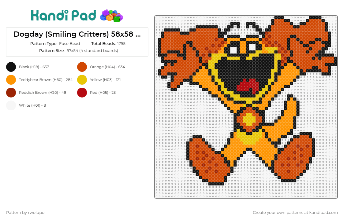 Dogday (Smiling Critters) 58x58 simplified - Fuse Bead Pattern by rwolupo on Kandi Pad - dogday,smiling critters,poppy playtime,cartoon,character,happy,video game,orange