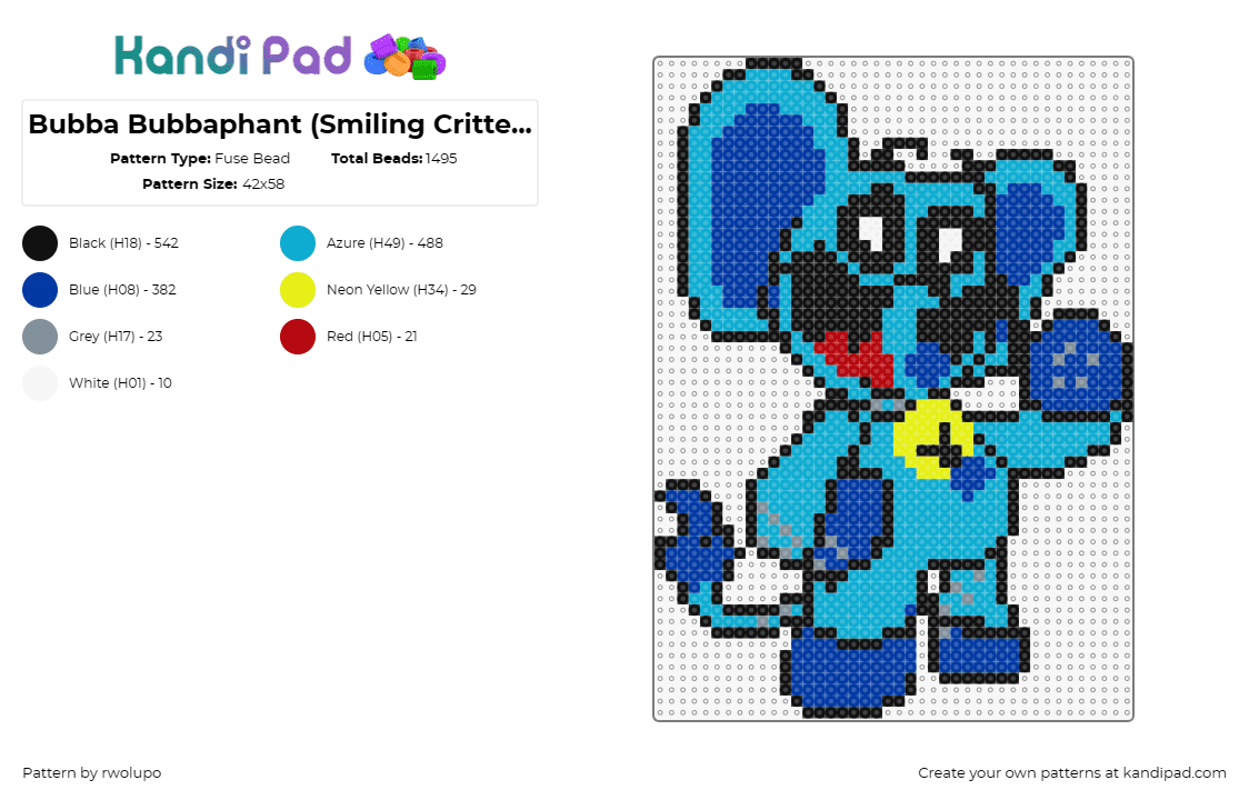 Bubba Bubbaphant (Smiling Critters) 58x58 simplified - Fuse Bead Pattern by rwolupo on Kandi Pad - bubba bubbaphant,smiling critters,poppy playtime,cartoon,character,happy,video g