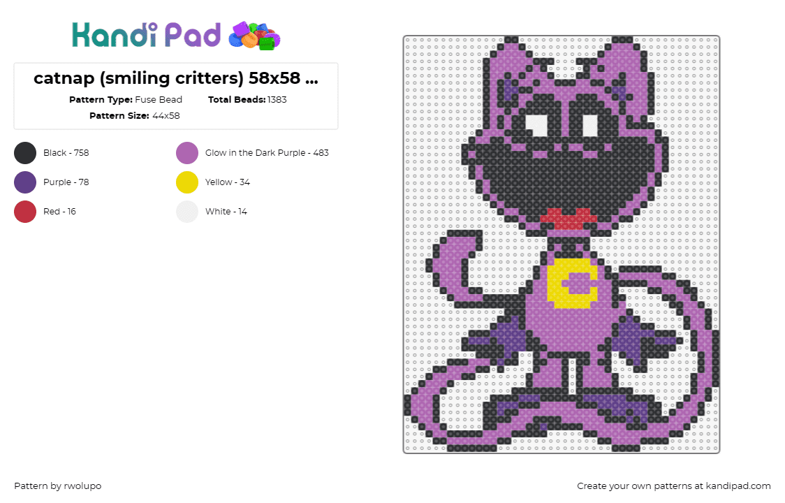 catnap (smiling critters) 58x58 simplified - Fuse Bead Pattern by rwolupo on Kandi Pad - catnap,smiling critters,poppy playtime,video game,character,purple