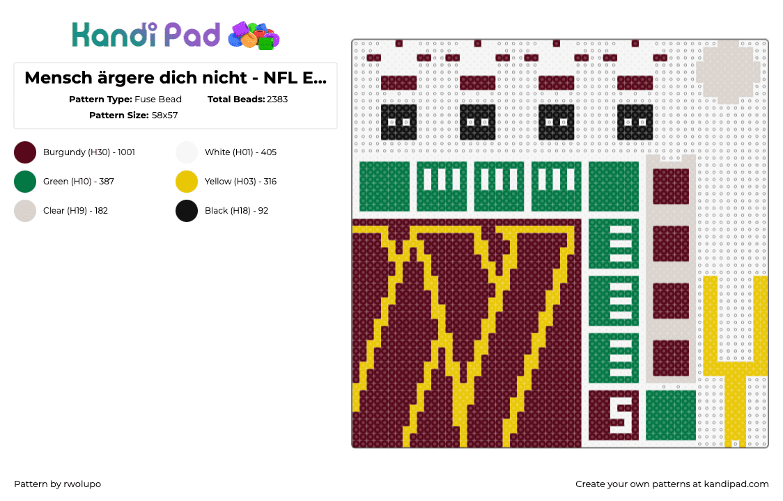 Mensch ärgere dich nicht - NFL Edition: Commanders - Fuse Bead Pattern by rwolupo on Kandi Pad - mensch argere dich nicht,nfl,commanders,washington,football,gaming,sports,green,red