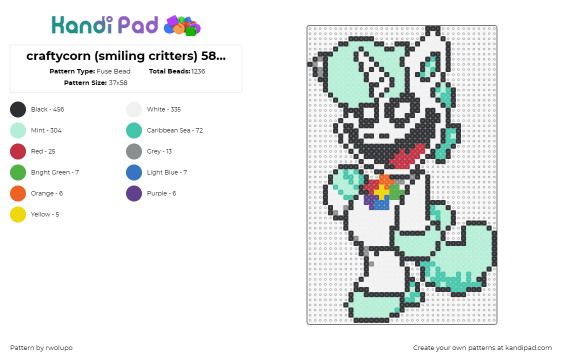 craftycorn (smiling critters) 58x58 simplified - Fuse Bead Pattern by rwolupo on Kandi Pad - craftycorn,smiling critters,poppy playtime,video game,character,teal,green,white