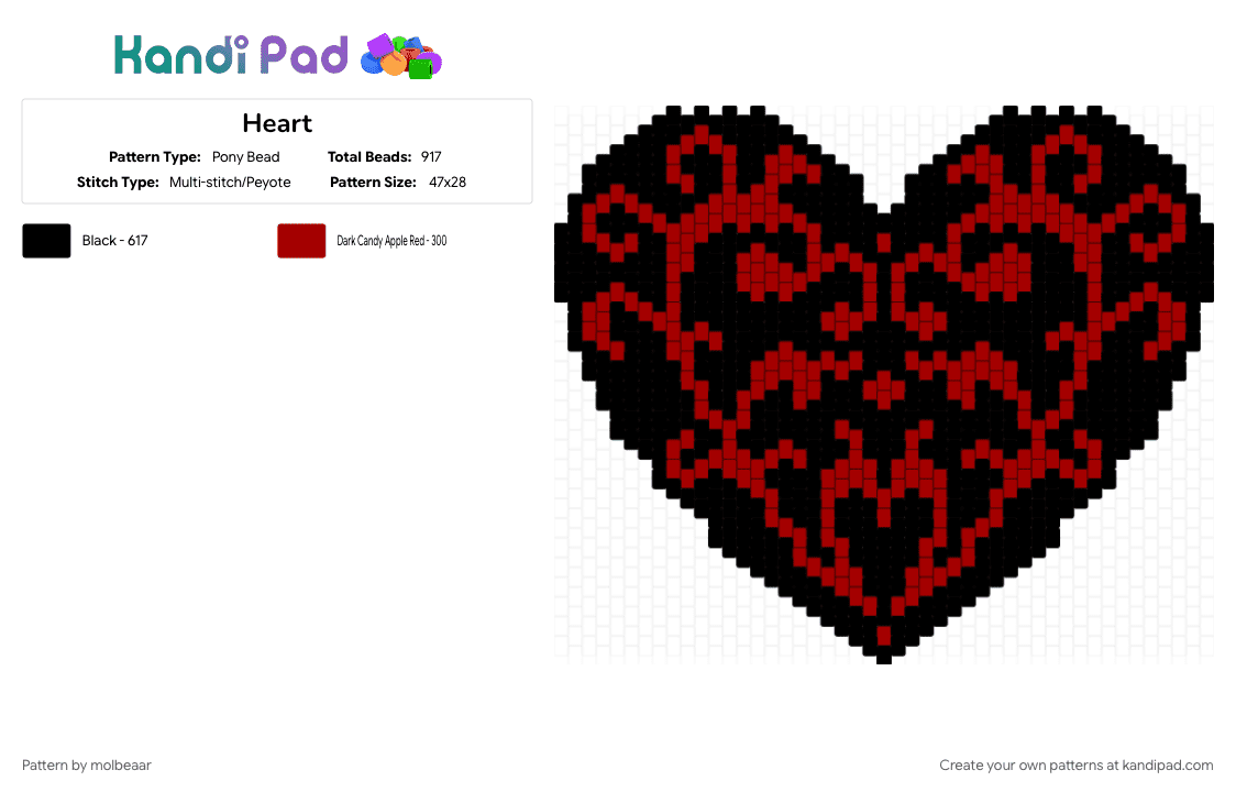 Heart - Pony Bead Pattern by molbeaar on Kandi Pad - black, red