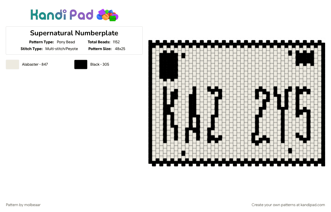 Supernatural Numberplate - Pony Bead Pattern by molbeaar on Kandi Pad - black, white