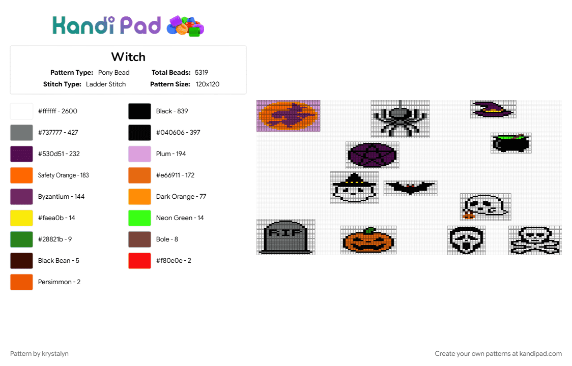 Witch - Pony Bead Pattern by krystalyn on Kandi Pad - gray, orange, pink, white