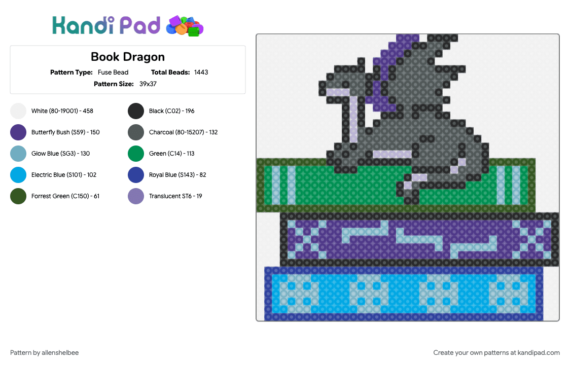 Book Dragon - Fuse Bead Pattern by allenshelbee on Kandi Pad - book, dragon, fantasy, light blue, pink, purple