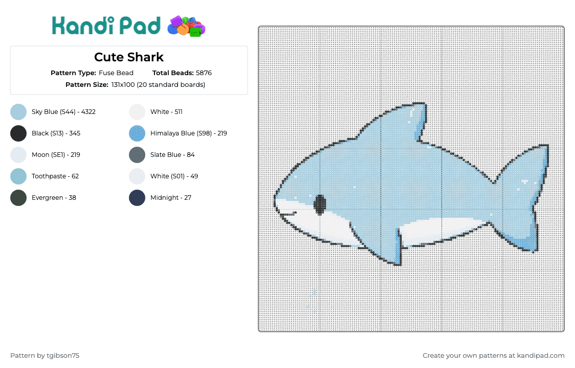 Cute Shark - Fuse Bead Pattern by tgibson75 on Kandi Pad - shark,fish,underwater,animal,cute,smile,gray,light blue