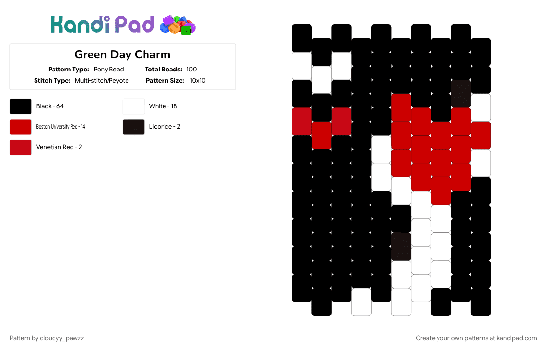Green Day Charm - Pony Bead Pattern by cloudyy_pawzz on Kandi Pad - black, red, white