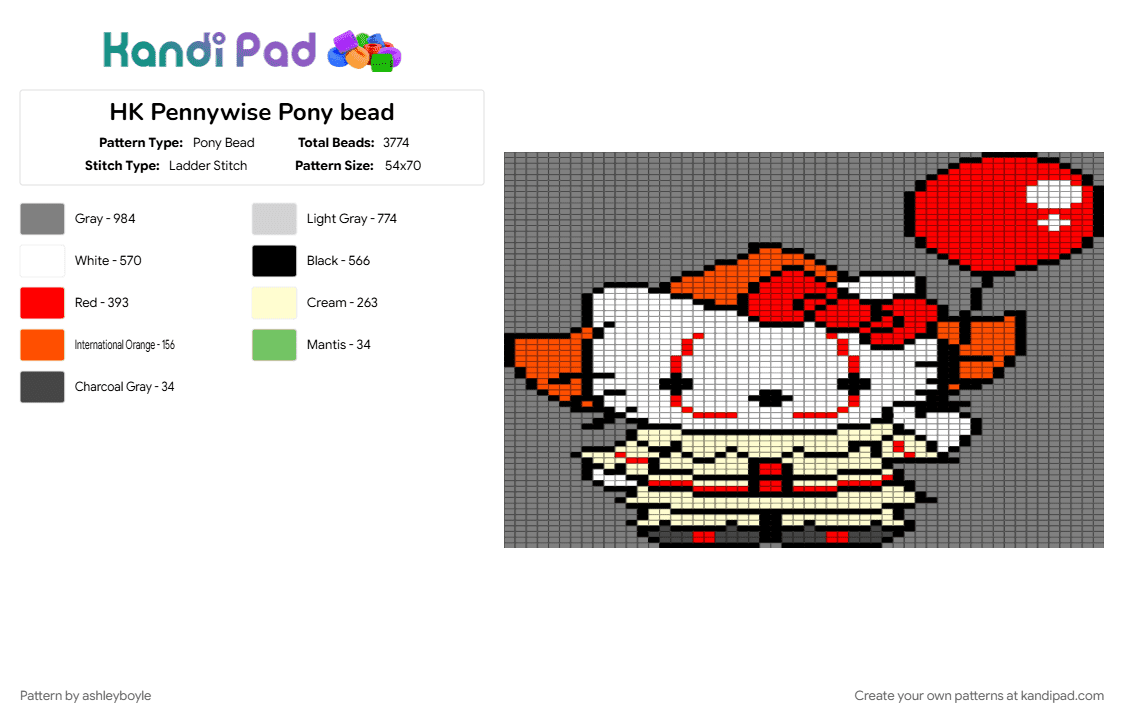 HK Pennywise Pony bead - Pony Bead Pattern by ashleyboyle on Kandi Pad - gray