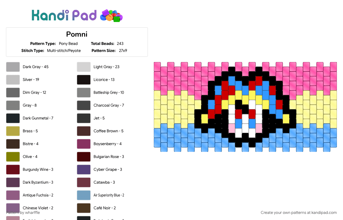 Pomni - Pony Bead Pattern by wharffle on Kandi Pad - blue, pink, pomni, yellow