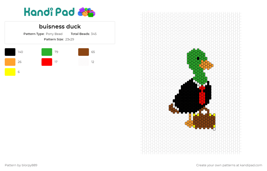 buisness duck - Pony Bead Pattern by blorpy889 on Kandi Pad - duck,suit,bird,animal,briefcase,costume,funny,green,black