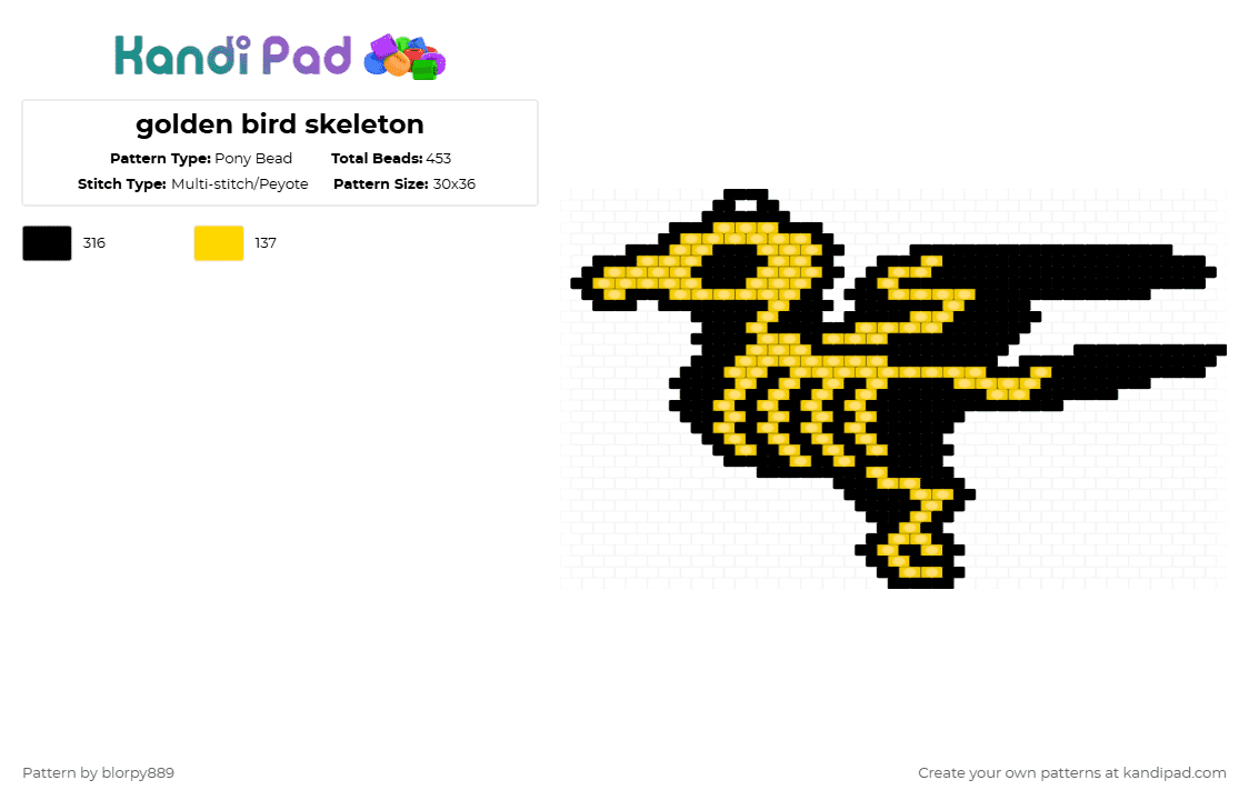 golden bird skeleton - Pony Bead Pattern by blorpy889 on Kandi Pad - black,yellow,gold,earring