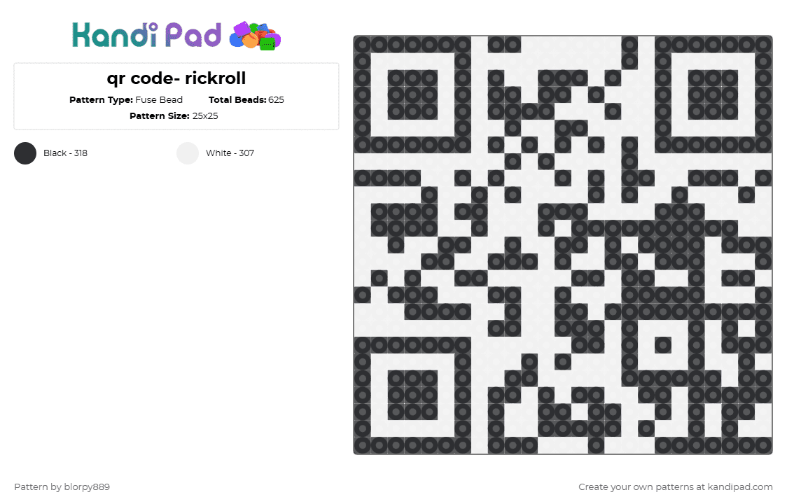 qr code- rickroll - Fuse Bead Pattern by blorpy889 on Kandi Pad - black,white,qr code,qr,black and white pattern