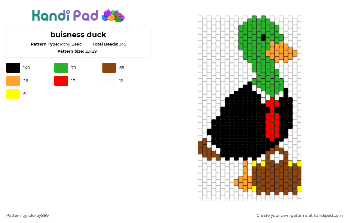 buisness duck - Pony Bead Pattern by blorpy889 on Kandi Pad - duck,suit,bird,animal,briefcase,costume,funny,green,black