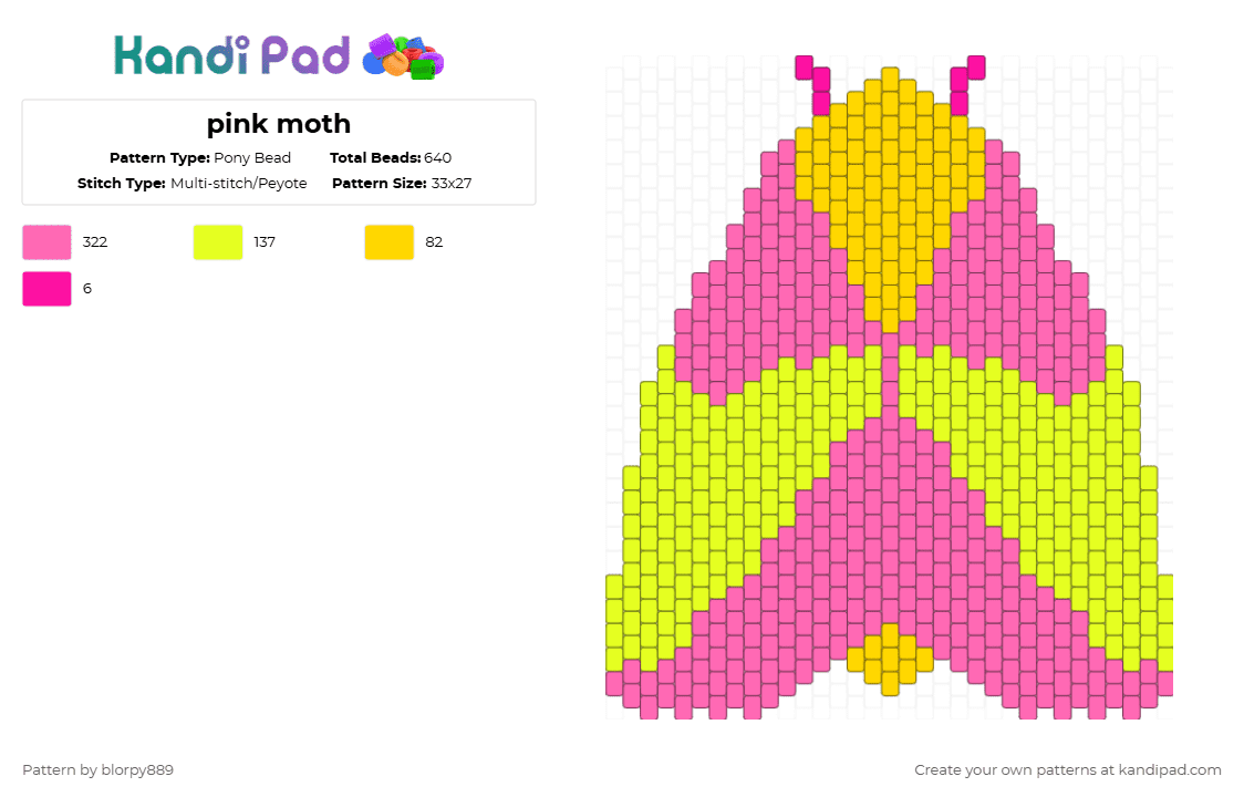 pink moth - Pony Bead Pattern by blorpy889 on Kandi Pad - moth,insect,yellow,pink,pink moth,vertical brick stitch