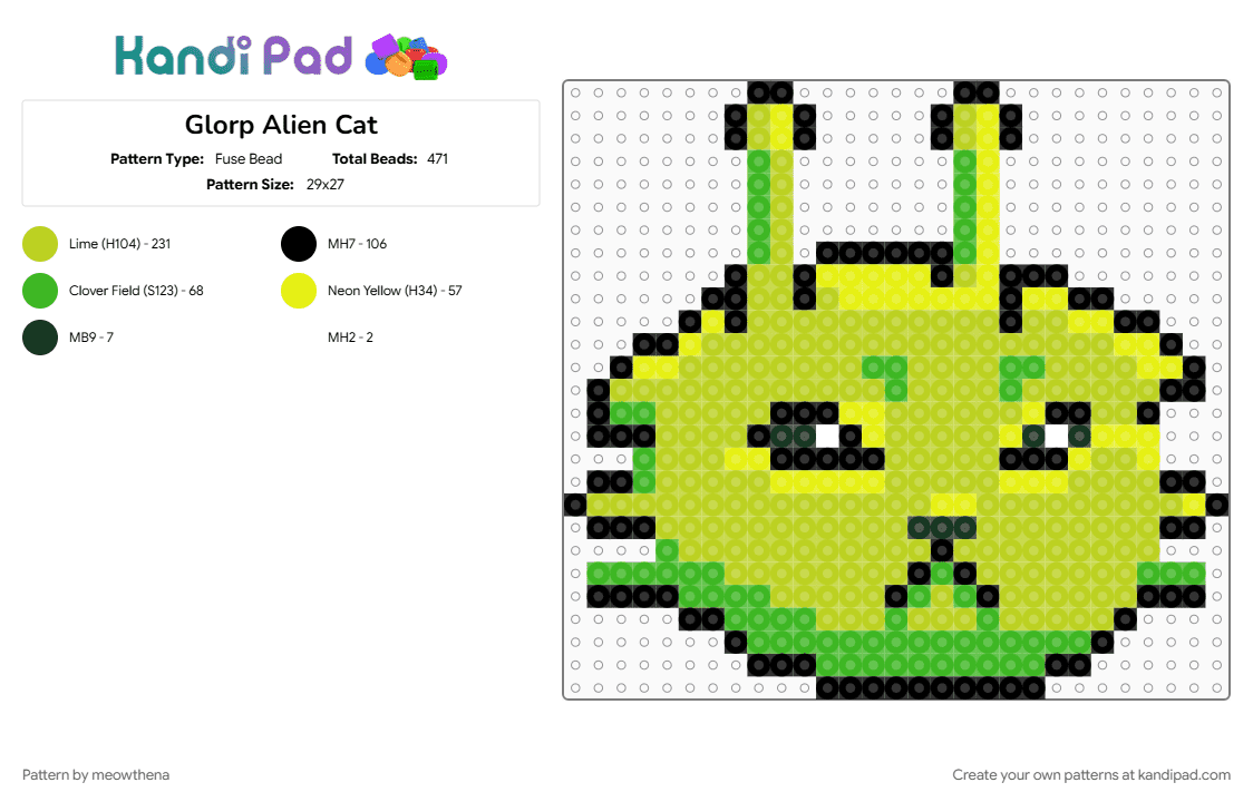 Glorp Alien Cat - Fuse Bead Pattern by meowthena on Kandi Pad - green