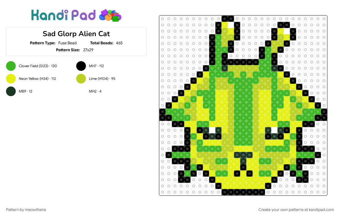 Sad Glorp Alien Cat - Fuse Bead Pattern by meowthena on Kandi Pad - alien, alien cat, cat, character, gleep glorp, glorp, green, head, meme, yellow