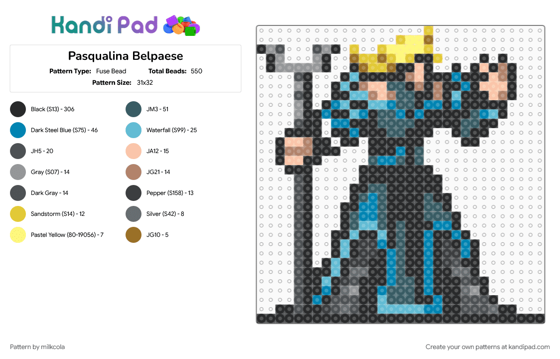 Pasqualina Belpaese - Fuse Bead Pattern by milkcola on Kandi Pad - black, character, gaming, gray, light blue, purple, video game