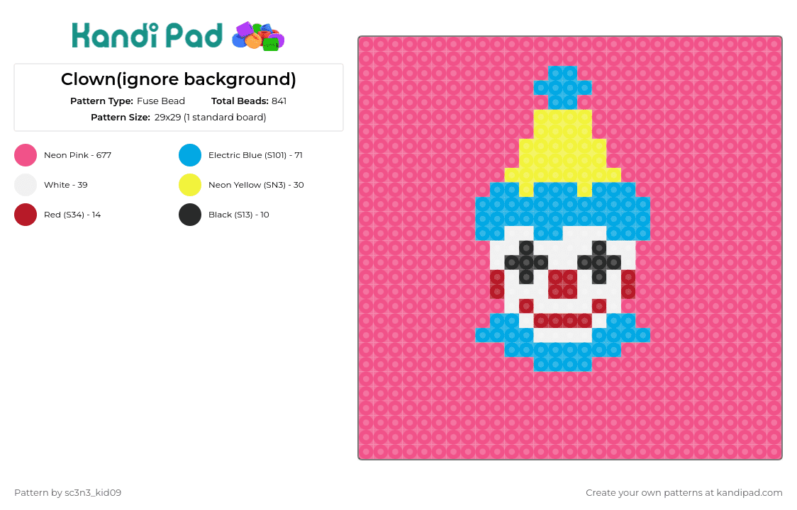 Clown(ignore background) - Fuse Bead Pattern by sc3n3_kid09 on Kandi Pad - clown,funny,hat,simple,cute,colorful,bright,yellow,light blue,white,pink