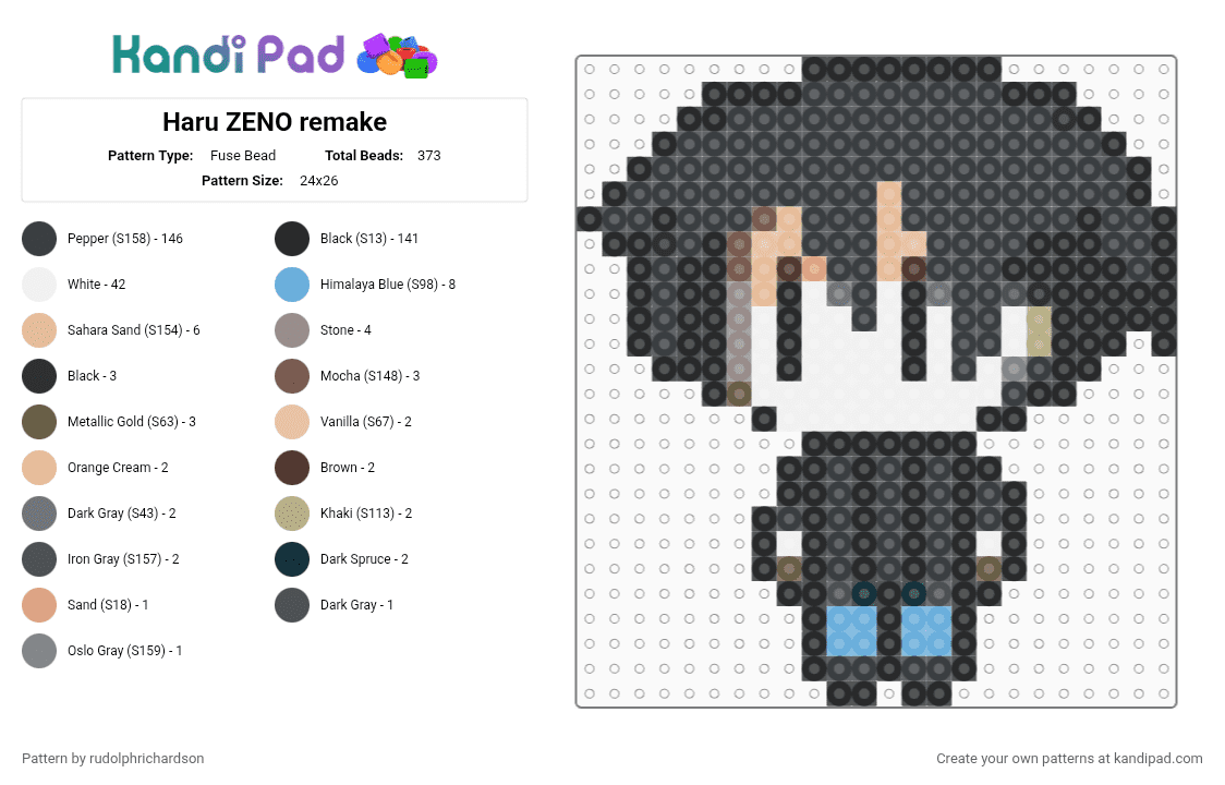 Haru ZENO remake - Fuse Bead Pattern by rudolphrichardson on Kandi Pad - black,white,beige,gray,colorful