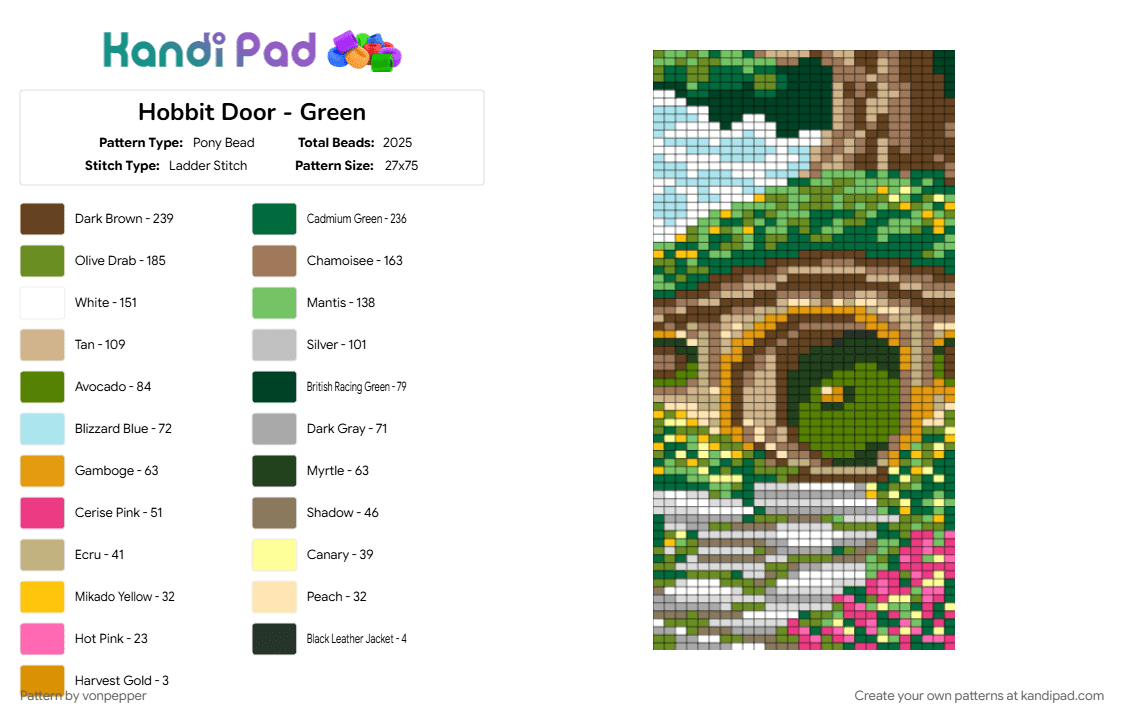Hobbit Door - Green - Pony Bead Pattern by vonpepper on Kandi Pad - beige, brown, green, tan
