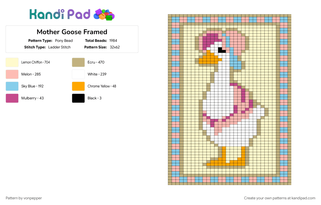 Mother Goose Framed - Pony Bead Pattern by vonpepper on Kandi Pad - beige, goose, mother goose, tapestry, yellow