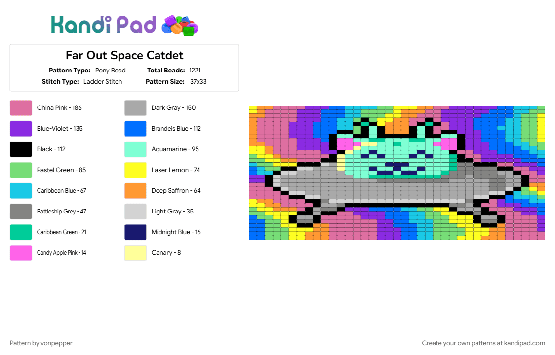 Far Out Space Catdet - Pony Bead Pattern by vonpepper on Kandi Pad - beige, blue, cat, colorful, pink, space, tie dye, ufo