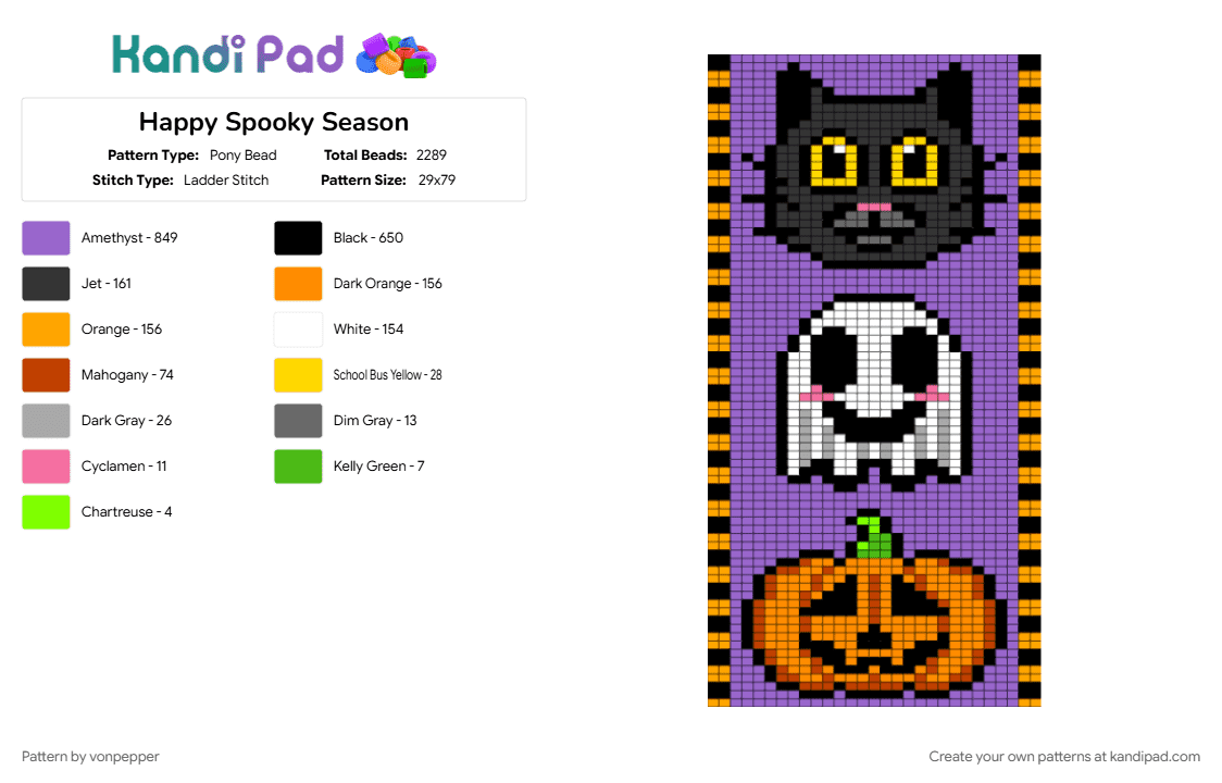 Happy Spooky Season - Pony Bead Pattern by vonpepper on Kandi Pad - cat, ghost, halloween, orange, pumpkin, purple, spooky
