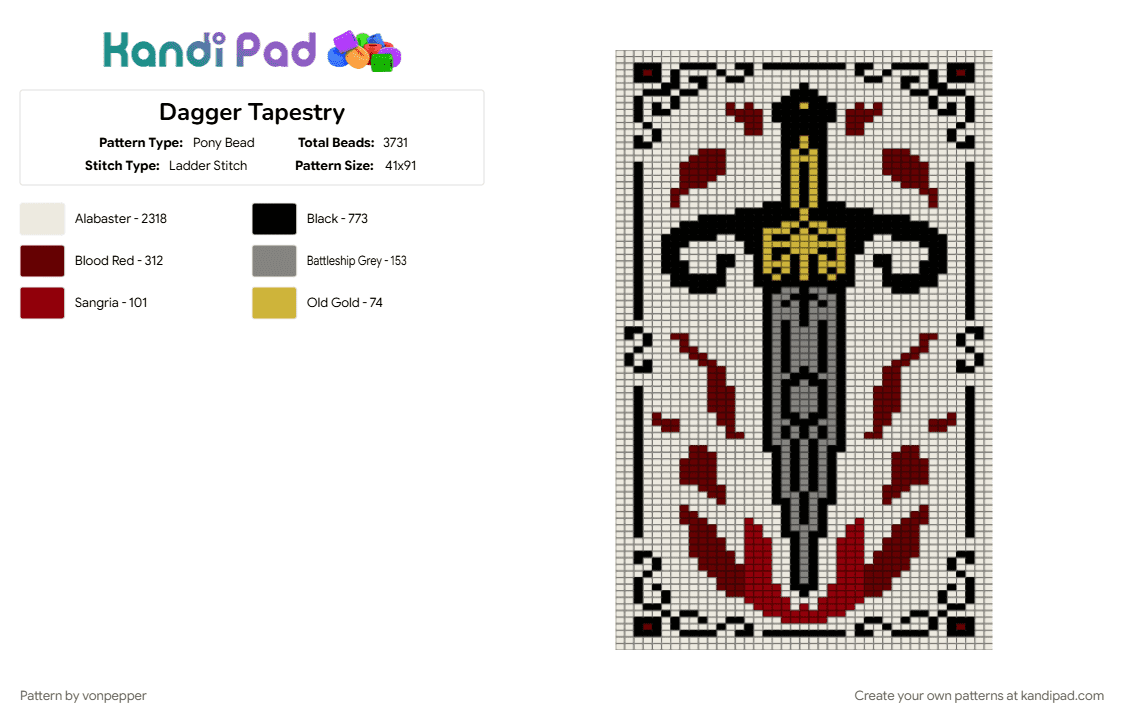 Dagger Tapestry - Pony Bead Pattern by vonpepper on Kandi Pad - brown, card, dagger, gray, tapestry, white
