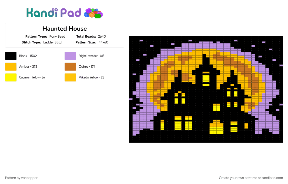 Haunted House - Pony Bead Pattern by vonpepper on Kandi Pad - black, halloween, haunted house, pink, spooky, tapestry, yellow