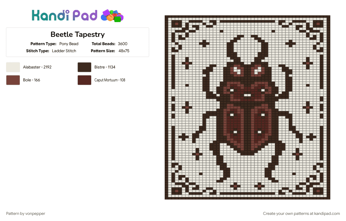 Beetle Tapestry - Pony Bead Pattern by vonpepper on Kandi Pad - beetle, brown, card, cotdbugs, tapestry, white