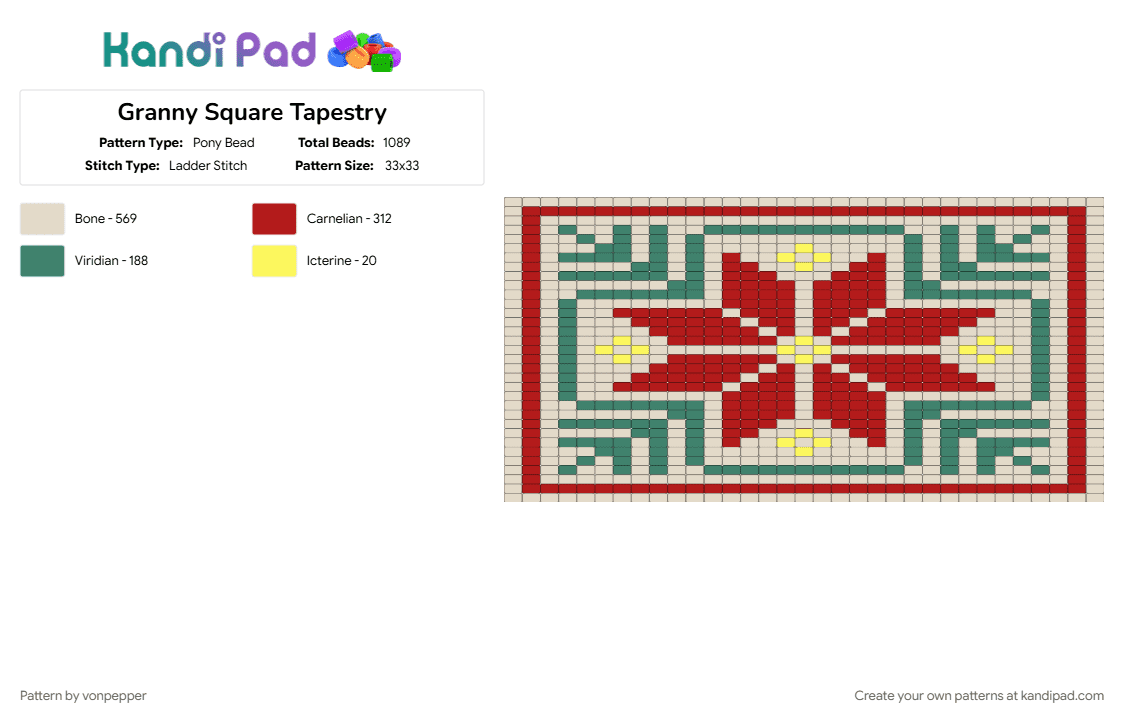 Granny Square Tapestry - Pony Bead Pattern by vonpepper on Kandi Pad - beige, christmas, granny square, red, tapestry