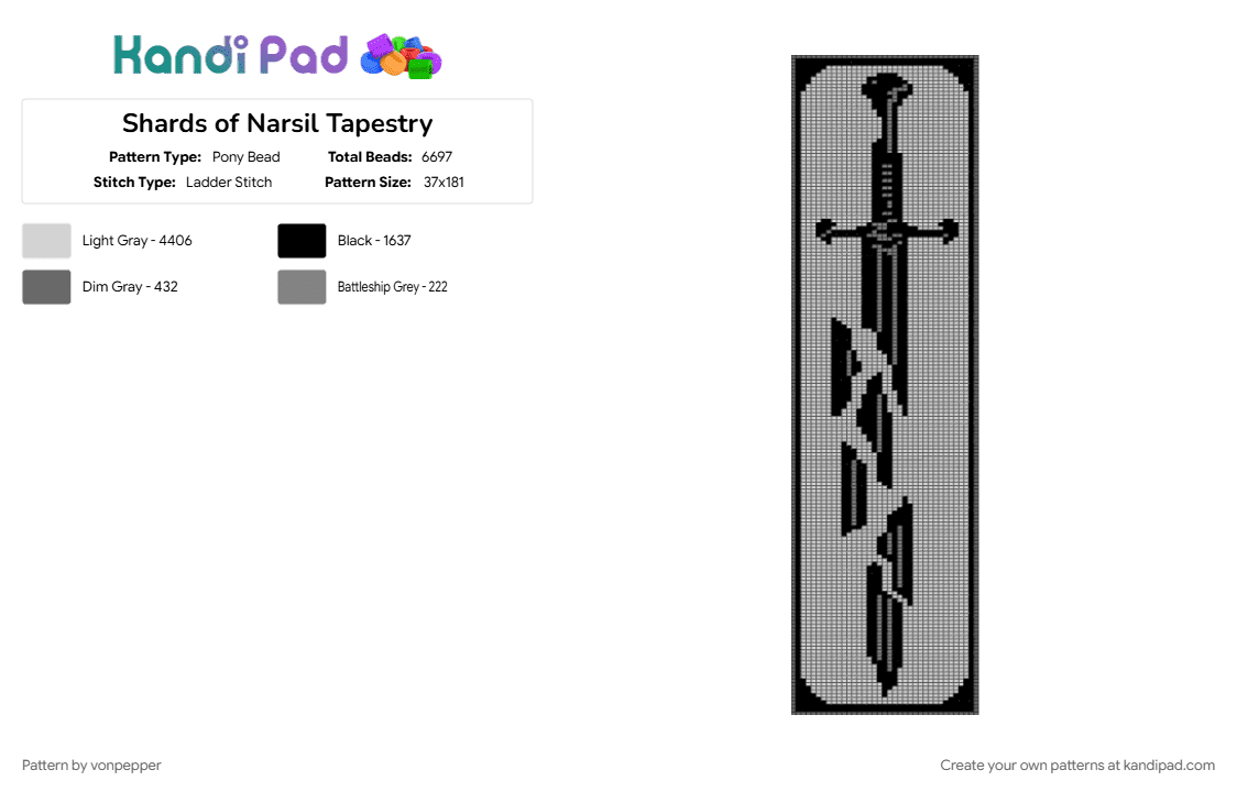 Shards of Narsil Tapestry - Pony Bead Pattern by vonpepper on Kandi Pad - cotdsilver, lord of the rings, narsil, sword, tapestry, white