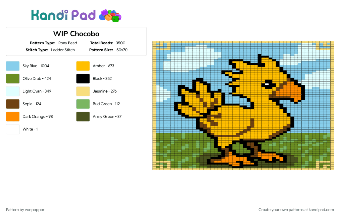 WIP Chocobo - Pony Bead Pattern by vonpepper on Kandi Pad - chocobo, final fantasy, green, light blue, yellow