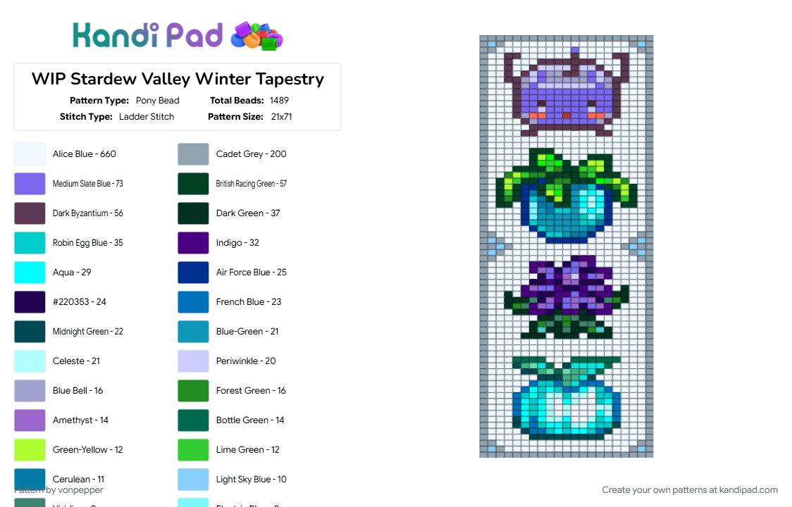 Stardew Valley Winter Tapestry - Pony Bead Pattern by vonpepper on Kandi Pad - blue, colorful, crops, gray, pink, stardew valley, tapestry, white, winter