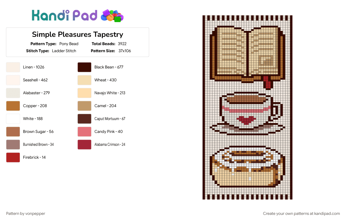 Simple Pleasures Tapestry - Pony Bead Pattern by vonpepper on Kandi Pad - beige, book, brown, simple, tapestry, tea, treat, white