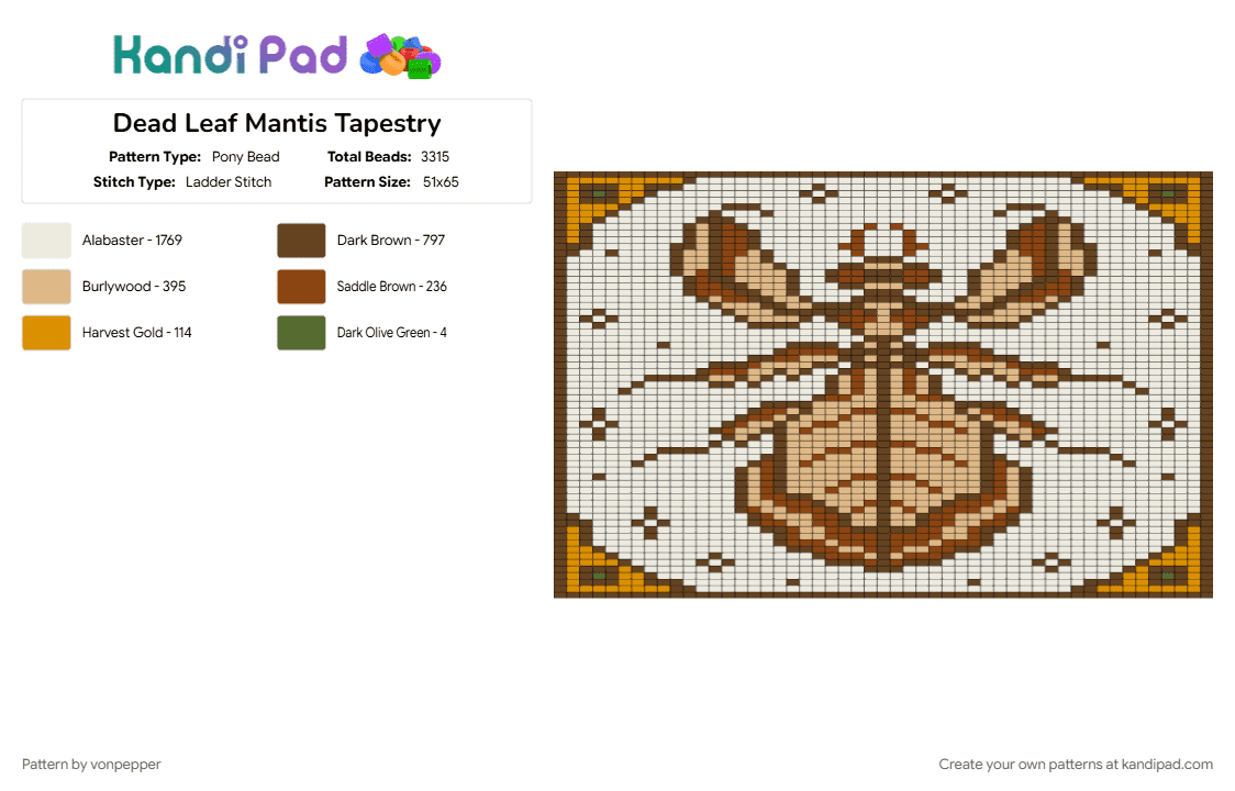 Dead Leaf Mantis Tapestry - Pony Bead Pattern by vonpepper on Kandi Pad - beige, brown, bug, mantis, tapestry, white