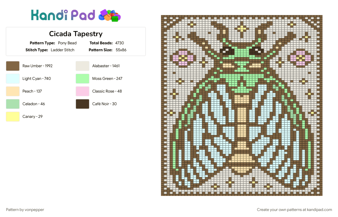 Cicada Tapestry - Pony Bead Pattern by vonpepper on Kandi Pad - bug, cicada, insect, tan, tapestry, white