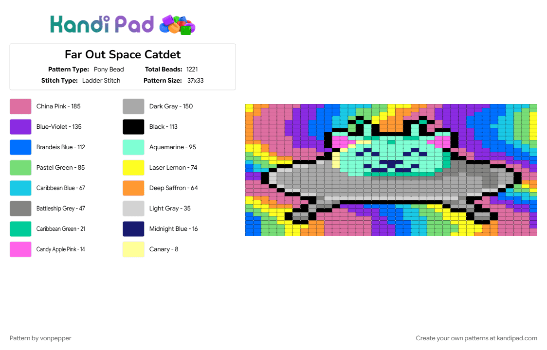 Far Out Space Catdet - Pony Bead Pattern by vonpepper on Kandi Pad - beige, blue, cat, colorful, pink, space, tie dye, ufo