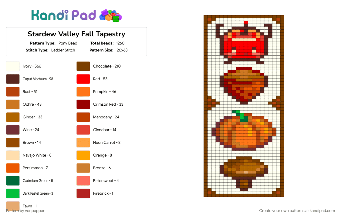 Stardew Valley Fall Tapestry - Pony Bead Pattern by vonpepper on Kandi Pad - autumn, brown, character, fall, orange, red, stardew valley, video game, white