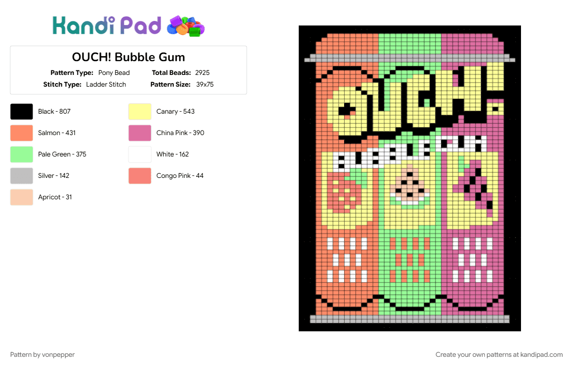 OUCH! Bubble Gum - Pony Bead Pattern by vonpepper on Kandi Pad - bubble gum, candy, fruit, grape, orange, ouch, pink, strawberry, teal, watermelon, yellow