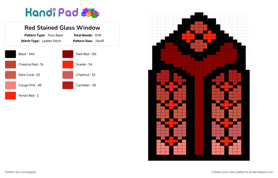 Art Deco - Red Stained Glass Window - Pony Bead Pattern by vonpepper on Kandi Pad - red